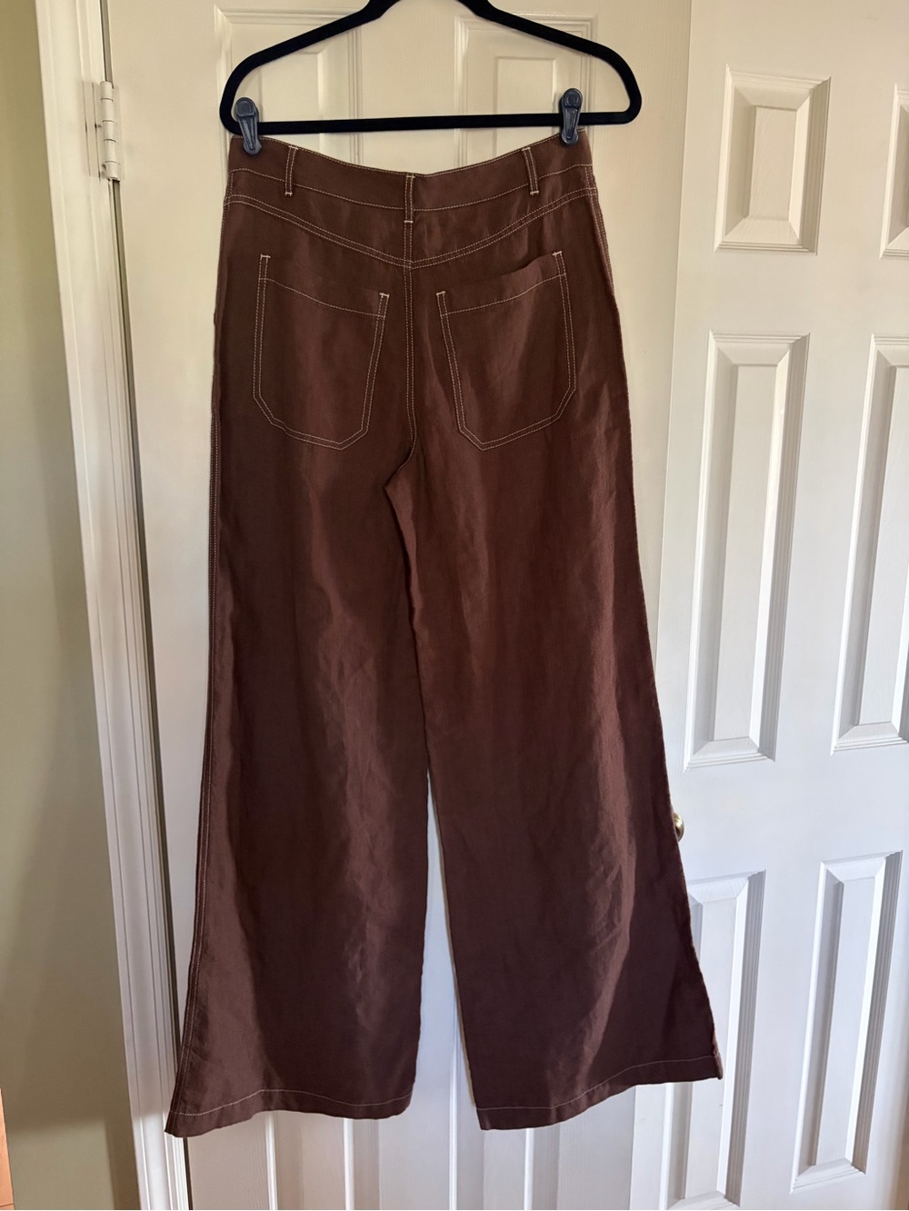 Madewell Zoe Floppy Wide-Leg Linen Pants in Dark Brown/White Stitching Size 6 - Picture 3 of 11